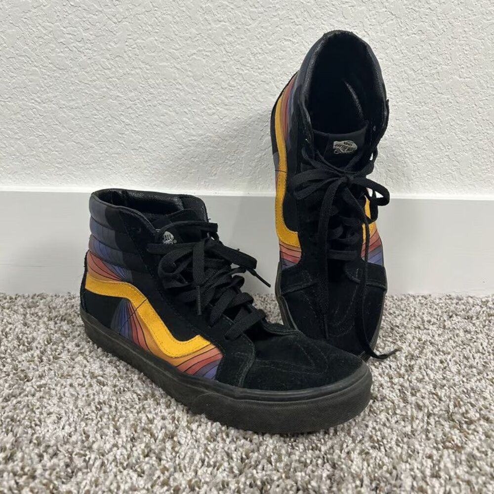 Vans Sk8-Hi Retro Rainbow Stripe Black Suede Skate Shoes Mens 9.5 Womens 11